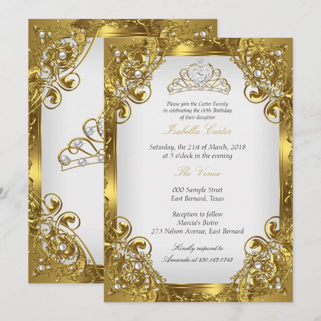 Invitation Elite Golden White Pearl Lace Tiara fête d'anniver (Devant / Derrière)