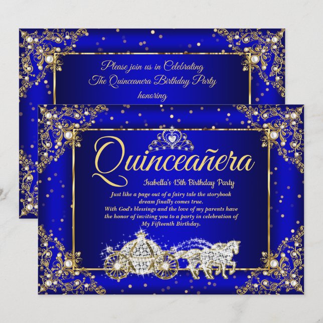 Invitation Elite Princesse Quinceanera Royal Blue Gold Sparkl (Devant / Derrière)
