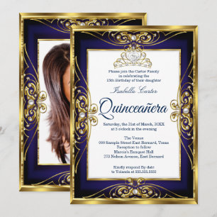 Invitation Elite Quinceanera 15e Gold Navy Blue Tiara Photo
