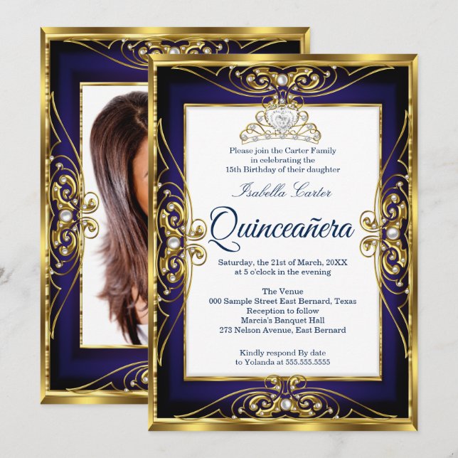 Invitation Elite Quinceanera 15e Gold Navy Blue Tiara Photo (Devant / Derrière)