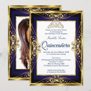 Invitation Elite Quinceanera 15e Gold Navy Blue Tiara Photo