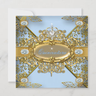Invitation Élite Quinceañera Bleu Clair Or Damassé 15ème