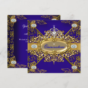 Invitation Élite Quinceañera Bleu Royal Or Damassé 15ème