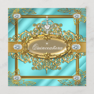 Invitation Elite Quinceanera bleu Turquoise Or Damask 15e