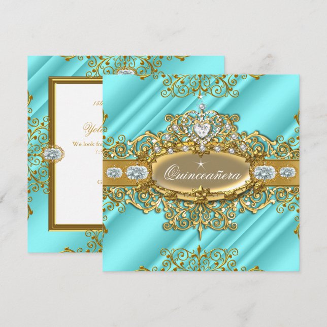 Invitation Elite Quinceanera Blue Turquoise Silver Gold 15ème (Devant / Derrière)