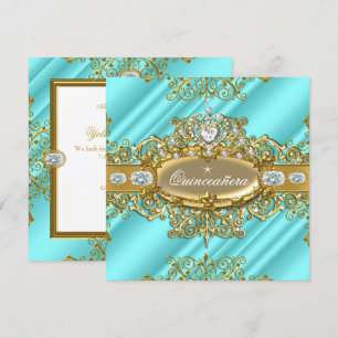 Invitation Elite Quinceanera Blue Turquoise Silver Gold 15ème