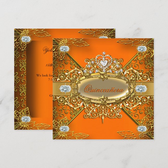 Invitation Elite Quinceanera Orange Gold Damask 15ème Parti (Devant / Derrière)