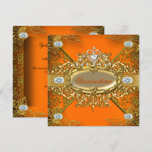 Invitation Elite Quinceanera Orange Gold Damask 15ème Parti