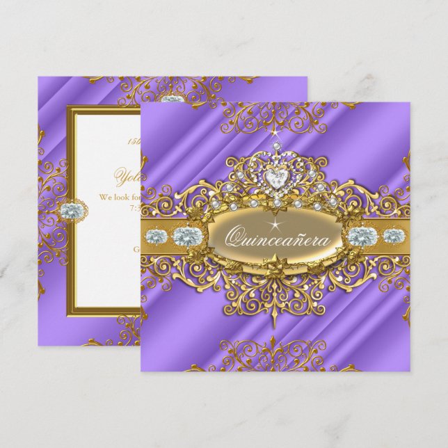 Invitation Elite Quinceanera Purple Silver Gold 15e anniversa (Devant / Derrière)