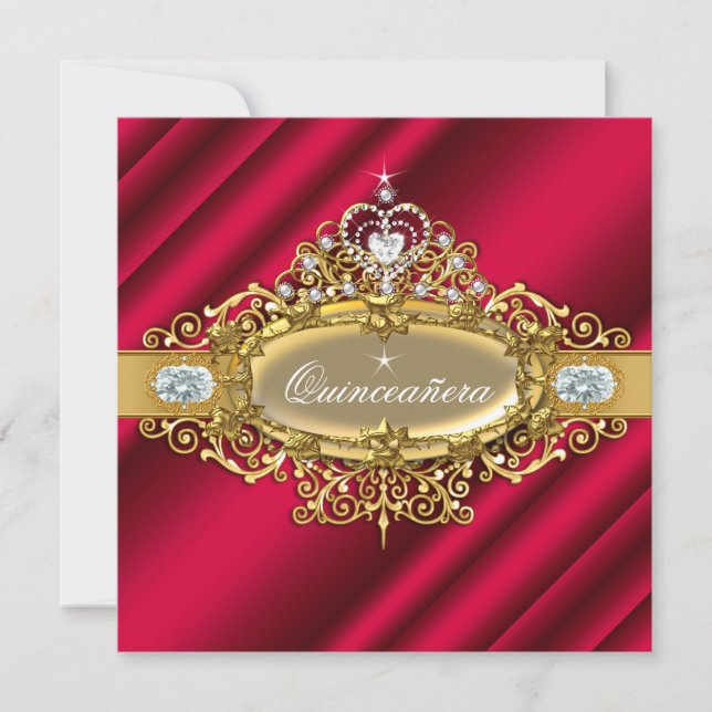 Invitation Elite Quinceanera Riche Rouge Or Damask 15ème Part (Devant)