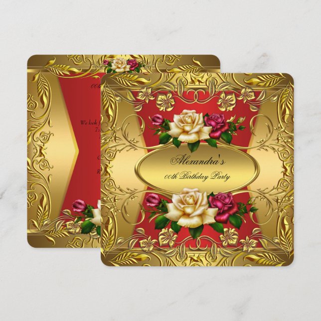 Invitation Elite Red Cream Roses Ornate Gold Birthday Party (Devant / Derrière)