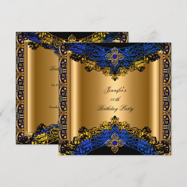 Invitation Elite Royal Blue Gold Black fête d'anniversaire (Devant / Derrière)