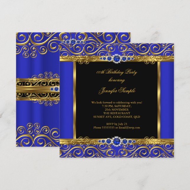 Invitation Elite Royal Blue Gold Damask Pearl Anniversaire 2 (Devant / Derrière)