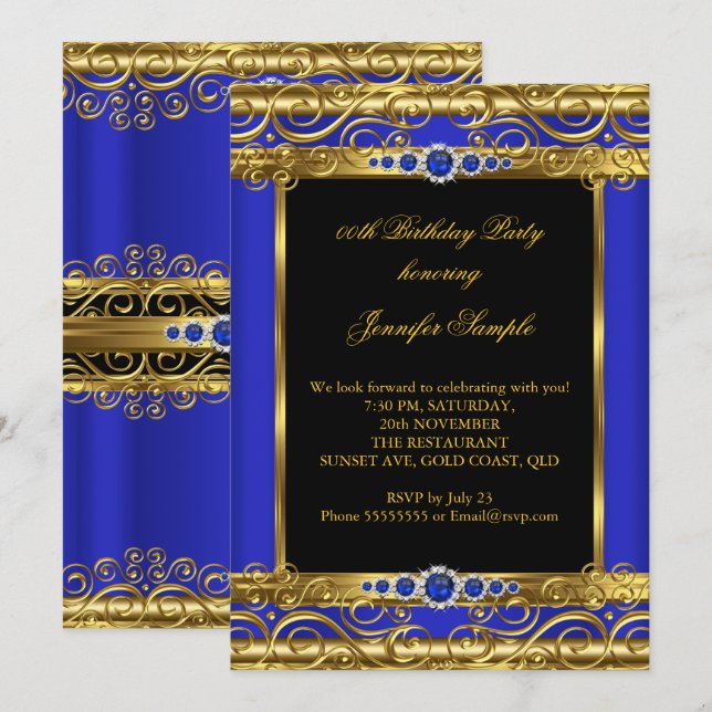 Invitation Elite Royal Blue Gold Damask Pearl fête d'annivers (Devant / Derrière)