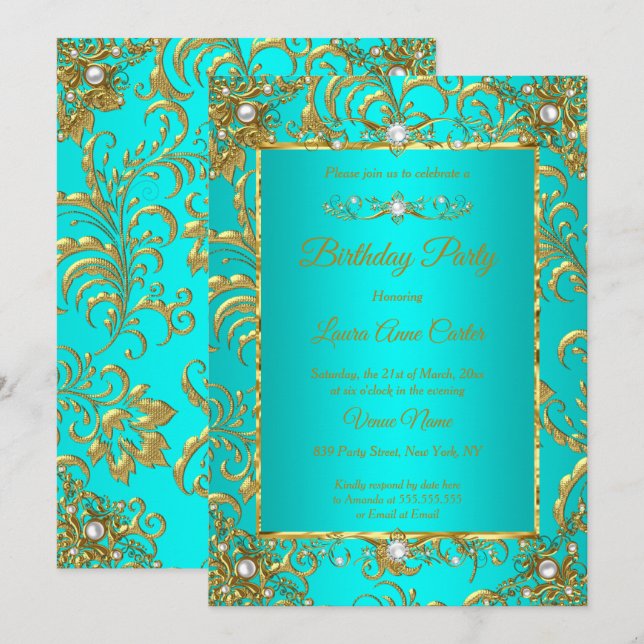 Invitation Elite Turquoise Blue Gold Damask Pearl fête d'anni (Devant / Derrière)