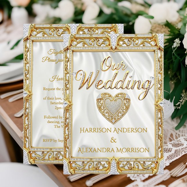 Invitation Elite Wedding Gold White Silk Diamond Frame Heart (Créateur téléchargé)