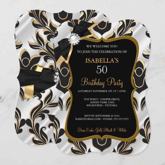 Invitation Elite White Pearl Gold Black Damask Party Invitati (Devant / Derrière)