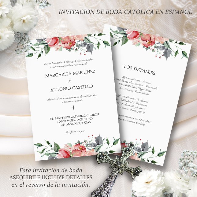 Invitation Elizabeth Invitacion de Boda Catolica Mariage (Elegante invitación de boda en español con flores rosas de acuarela)