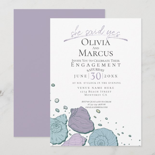 Invitation Elle A Dit Oui Coquille Fiançailles Lilac Dusty Bl (Devant / Derrière)