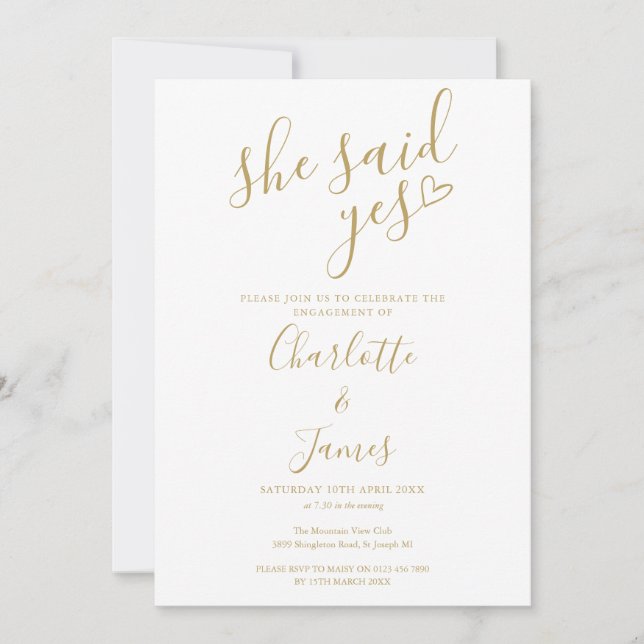 Invitation Elle A Dit Oui Engagement Partie Gold Love Heart (Devant)