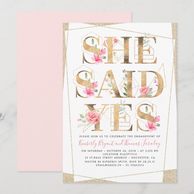 Invitation Elle A Dit Oui Floral Romantic Engagement Party (Devant / Derrière)