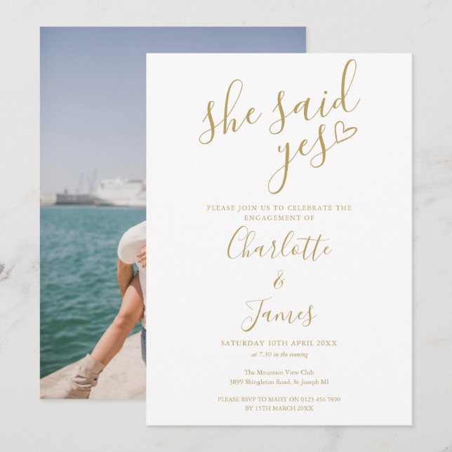 Invitation Elle A Dit Oui Partie Engagement Gold Coeur Photo (Devant / Derrière)