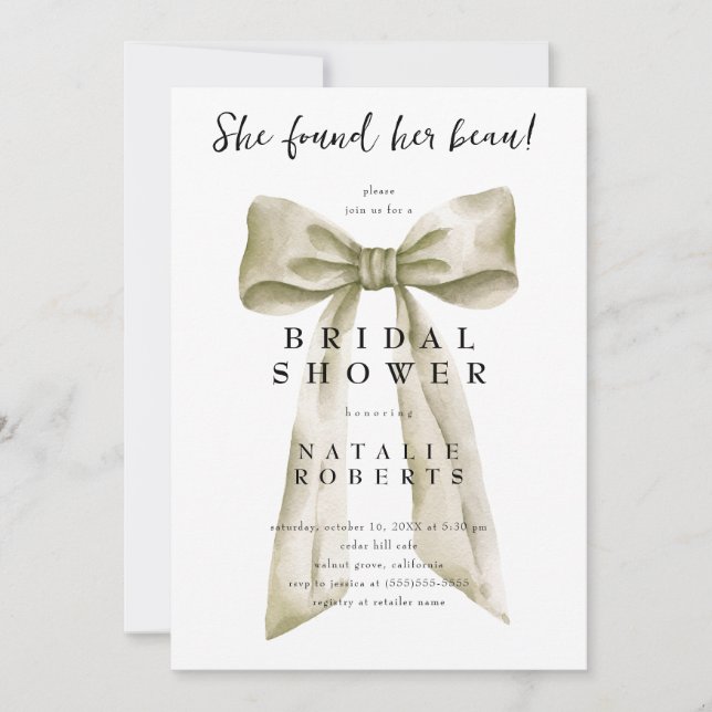 Invitation Elle A Trouvé Sa Fête des mariées Beau Beige Bow (Devant)