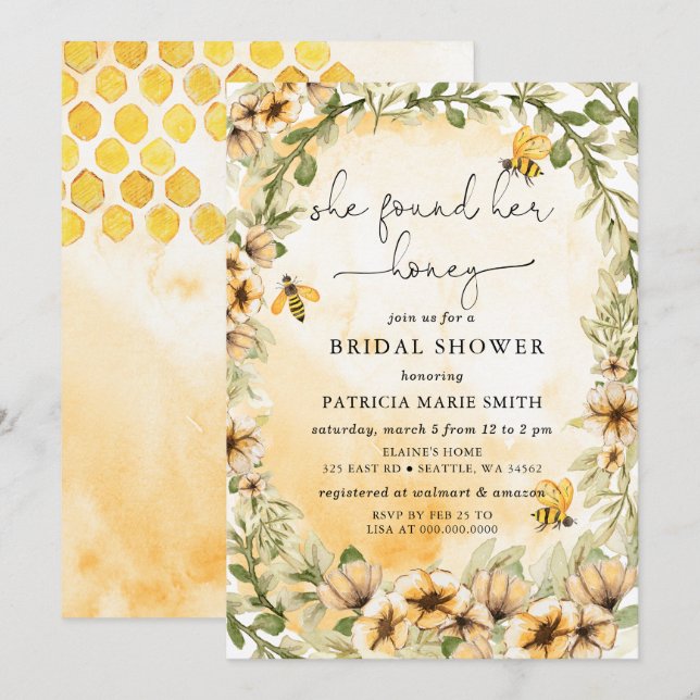 Invitation Elle A Trouvé Son Miel Floral Bee Fête des mariées (Devant / Derrière)