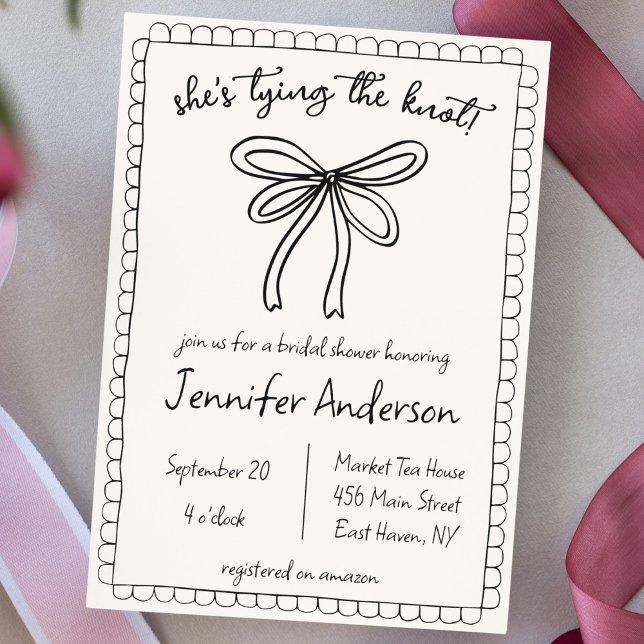Invitation Elle attache la Fête des mariées de la main tirée  ("she's tying the knot" hand drawn doodle whimsical bridal shower invitation coquette bow scallop)