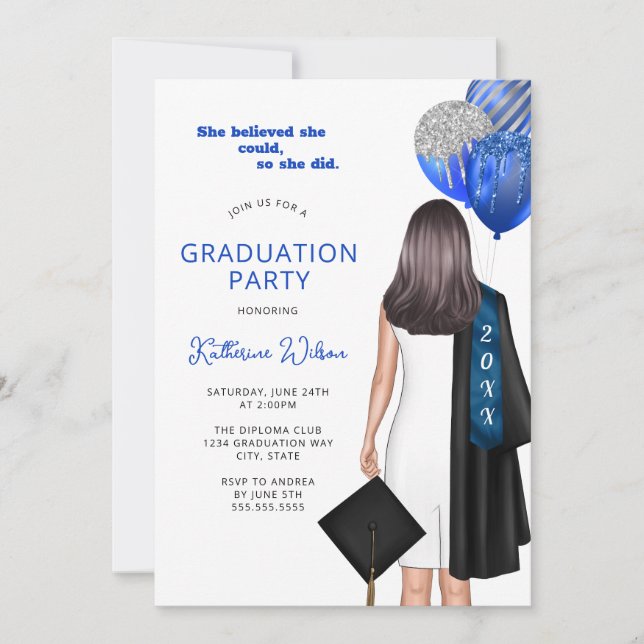 Invitation Elle Croyait Qu'Elle Pourrait Bleu Photo Graduatio (Devant)
