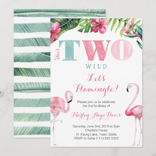 Invitation Elle est DEUX cartons de fête Flamant rose de 2e a