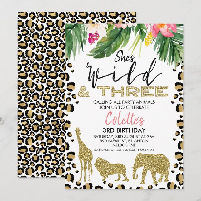 Invitation Elle est folle et trois Safari, 3e anniversaire (Devant / Derrière)