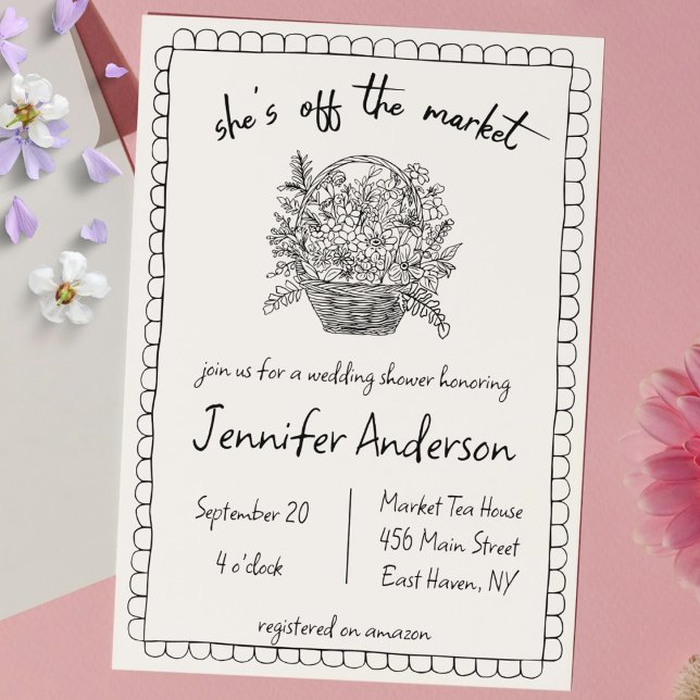 Invitation "Elle est hors du marché" Fête des mariées tirée à (shes off the market bridal shower hand drawn floral bridal shower doodle scribble sketch quirky cute)
