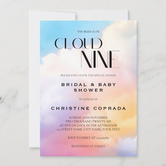 Invitation Elle est sur Cloud Nine Pastel Mariée et Baby show (Devant)