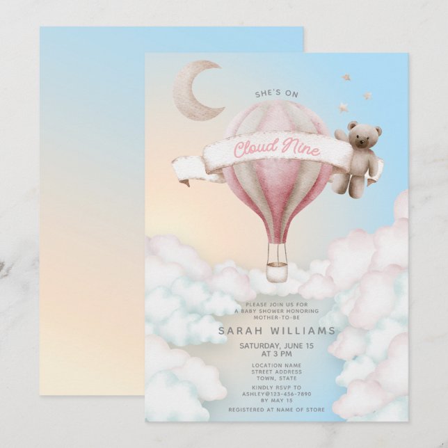 Invitation Elle est sur le Baby shower 9 nuages (Devant / Derrière)