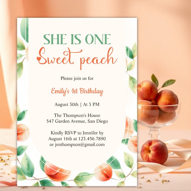 Invitation Elle Est Une Pêche Douce Première Fille Anniversai (She Is One Sweet Peach First Birthday Party for Baby Girl Invitation)