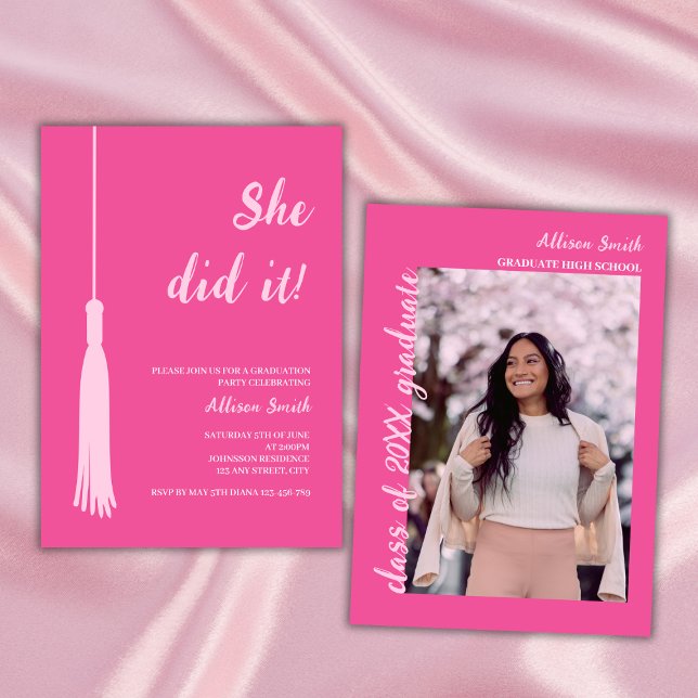 Invitation Elle L'A Fait Branché Chic Hot Pink Photo Graduati (graduation party invitation class of 2024 photo trendy chic feminine pink grad tassel)