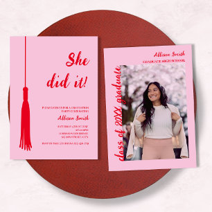 Invitation Elle L'A Fait Chic Tassel Rouge & Rose Photo Gradu
