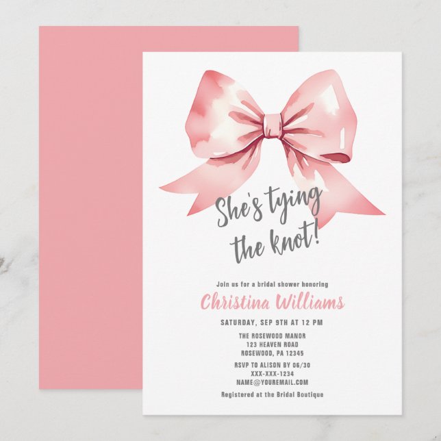 Invitation Elle noue la Fête des mariées Aquarelle Rose (Devant / Derrière)
