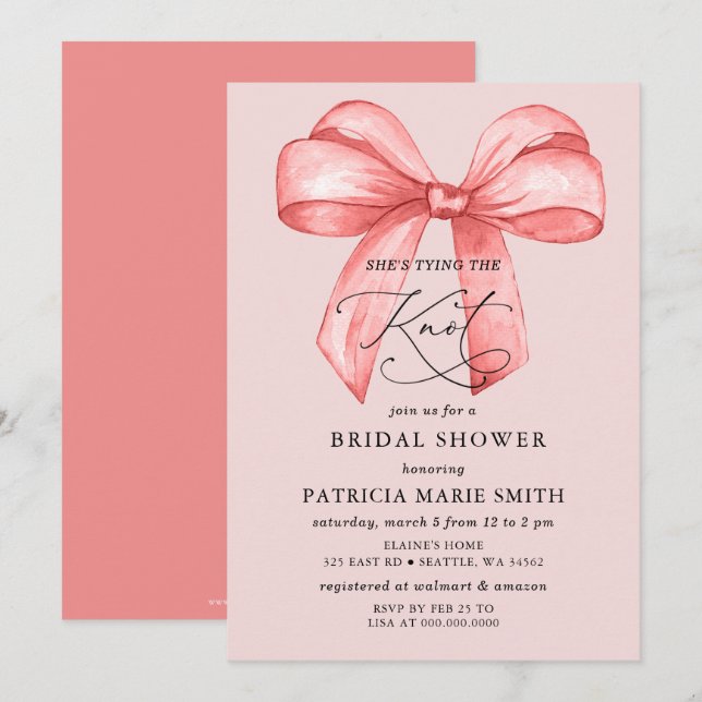 Invitation Elle noue la Fête des mariées arc rose noeud (Devant / Derrière)