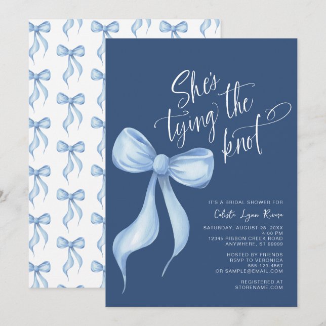 Invitation Elle noue la Fête des mariées bleu foncé du noeud (Devant / Derrière)