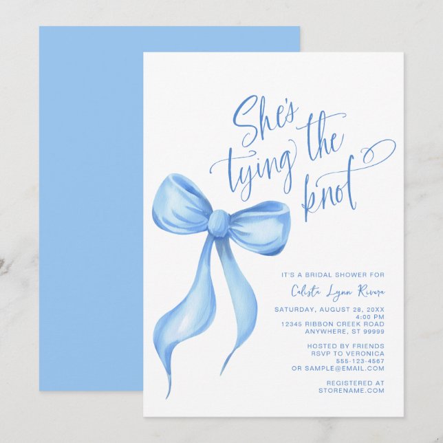 Invitation Elle noue la Fête des mariées de ruban bleu noeud (Devant / Derrière)