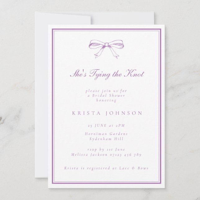 Invitation Elle noue la Fête des mariées pourpre du noeud (Devant)