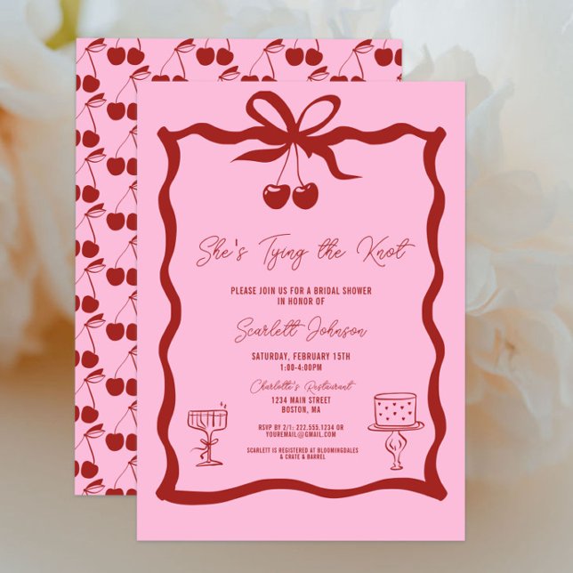 Invitation Elle noue la Fête des mariées rouge cerise de la b (Pink and Cherry Red She's Tying the Knot Bow Bridal Shower Invitations, Chic Trendy, Wavy, Cherries)