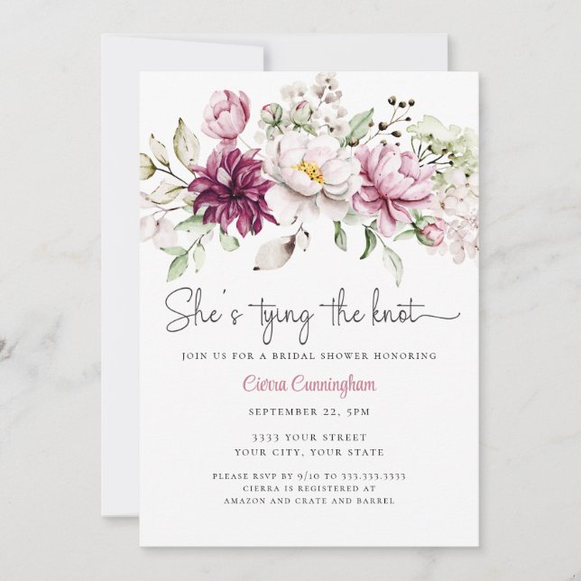 Invitation Elle noue le noeud Bourgogne rose Floral Bridal (Devant)