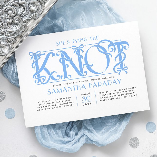 Invitation Elle Noue Le Nœud Dusty Blue Bow Baby Shower Maria (Dusty Blue Bow Bridal Shower Invitation with luxury rococo era's design)