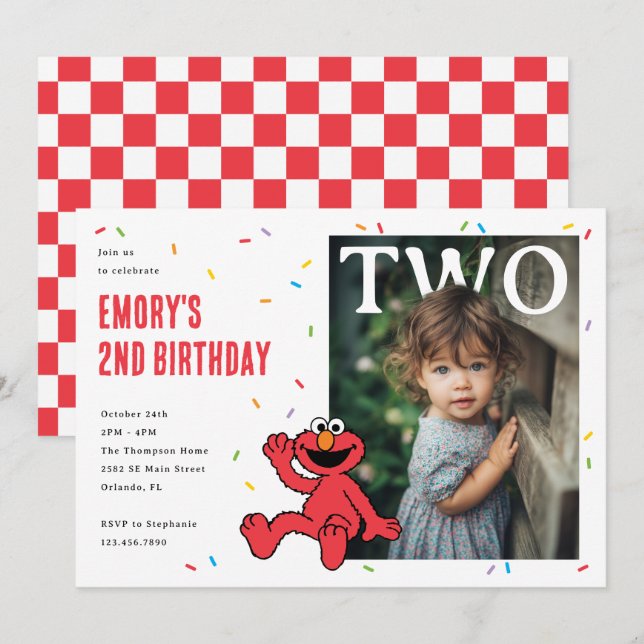 Invitation Elmo Red Confetti Second Birthday (Devant / Derrière)