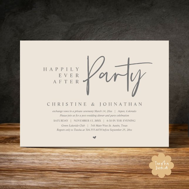 Invitation Elopement mariage, Heureusement Jamais Après La Fê (Happily Ever After Party Modern Casual Wedding Elopement Dinner Dance Invitation Card PDF Cream Grey)