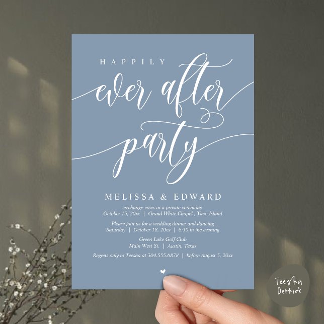 Invitation Elopement mariage, Heureusement Jamais Après La Fê (Happily Ever After Party Invitation Card, PDF, Wedding Elopement Dinner Brunch Lunch, Dusty Blue)