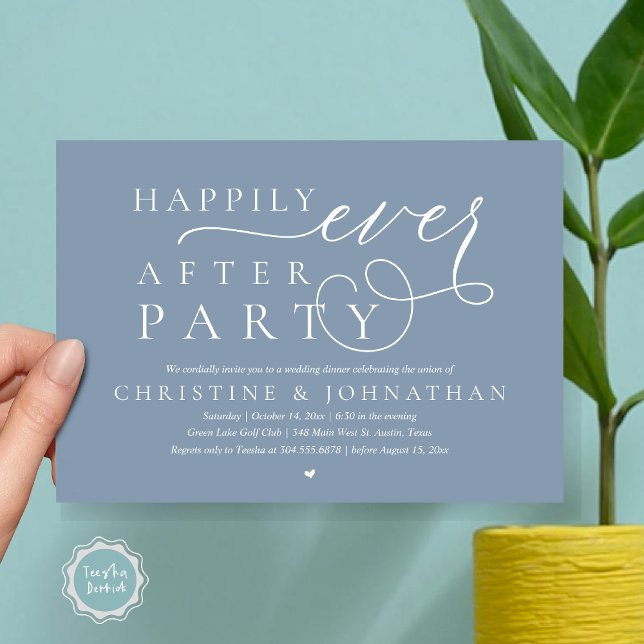 Invitation Elopement Mariage Moderne, Heureusement Jamais Apr (Modern Cute Wedding Elopement, Happily Ever After Party Invitation Card, PDF, in Dusty Blue)
